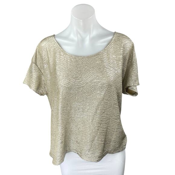 BCBGeneration Womens Beige Metallic Short Sleeve Cutout Blouse Shirt Top Size S - Picture 1 of 4